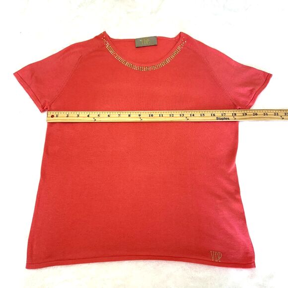 VDP Collection Coral Women's Rhinestone Scoop Neck Short Sleeve Sweater Top Sz M - Picture 11 of 15